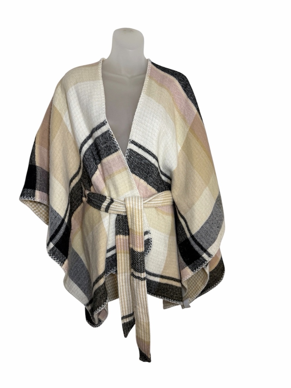 Moss Rose Beige Plaid Belted Poncho Cape Wrap One Size Cozy